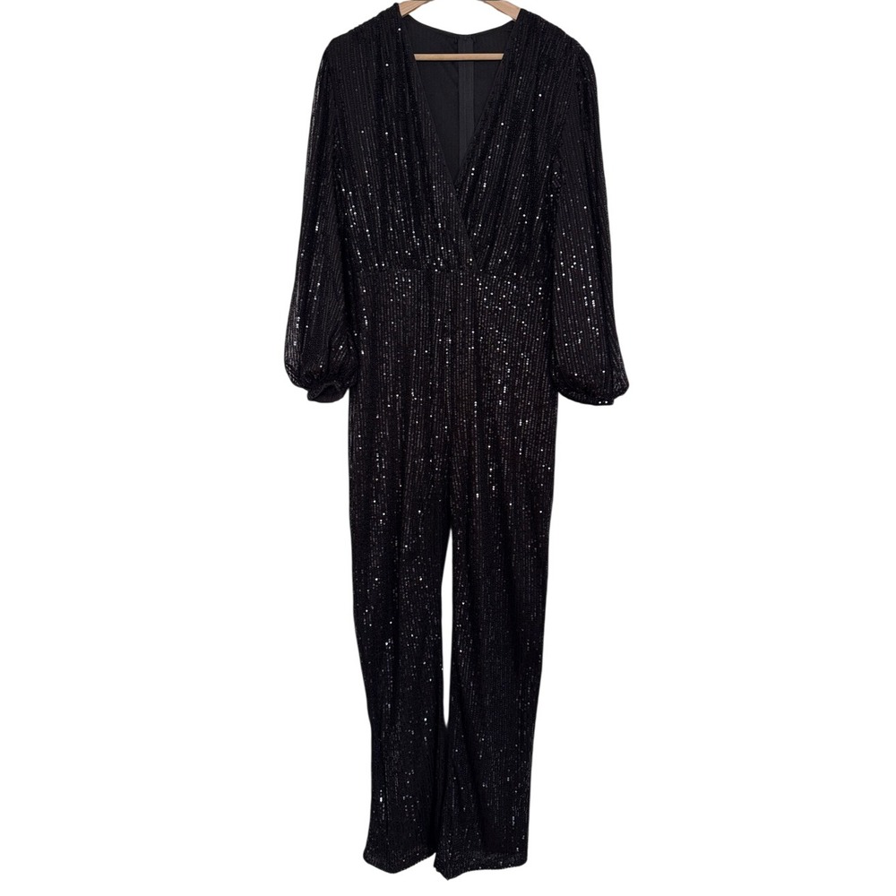 Black Sequin V-Neck Wide Leg Jumpsuit Party Cocktail Evening Glam